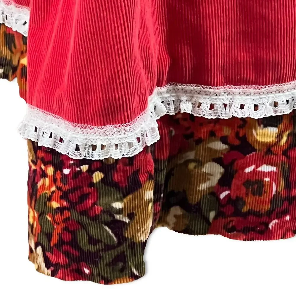Vintage 70s Girls Corduroy Prairie Dress Red Floral Handmade Size 6 Cottagecore